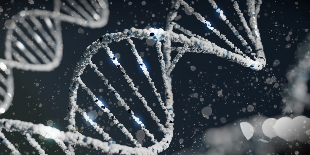 Illustration en 3D d’une double hélice d’ADN symbolisant l’analyse génomique et la recherche en génétique humaine.