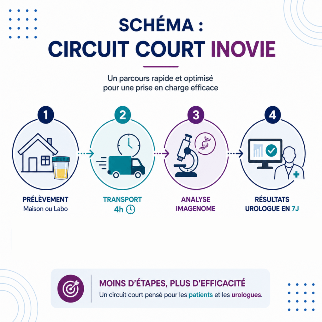 Schéma du parcours patient court Innovie pour le test avec prélèvement, transport, analyse et résultats